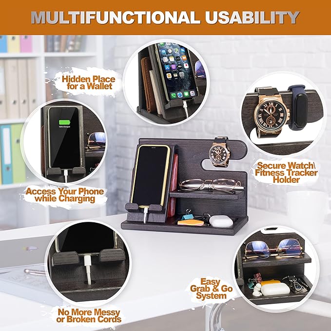 TESLYAR Wood Phone Docking Station for Men - Desktop or Nightstand Organizer - Birthday Gifts for Men Dad - Anniversary Idea from Wife - Key Holder Stand Wallet Watch &amp Essentials (Granite Blac