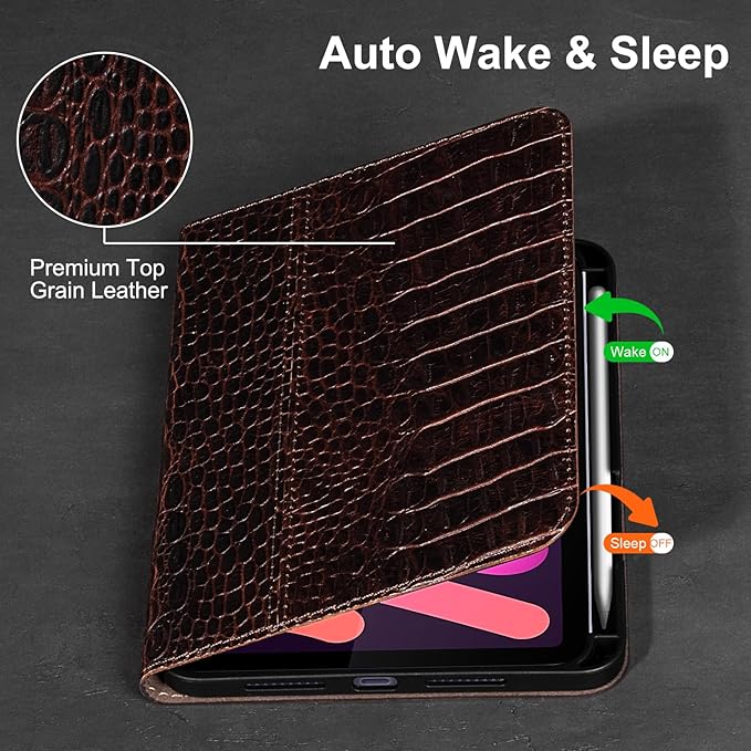 Gexmil Leather Case for iPad mini 7 (A17 Pro) 2024 / iPad mini 6 Generation 2021 8.3 InchPremium Cowhide Cover with Pencil HolderAdjustable Stand Auto Wake/SleepBrown Crocodile