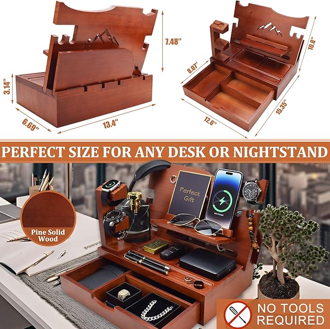 Nightstand Organizer for Men with Large Drawer Wood Phone Docking Station for Phone Apple Watch Wallet &amp Keys Ideal Birthday Gift for Father Husband Bedside Desk Organizer (Walnut)
