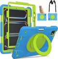 Case for iPad Pro 11 Inch M4 2024/M5 2025 Case Heavy Duty Shockproof Cover with Screen Protector/360° Rotate Stand/Shoulder Strap/Pencil Holde (Blue+Green iPad Pro M4/M5 11 inch)