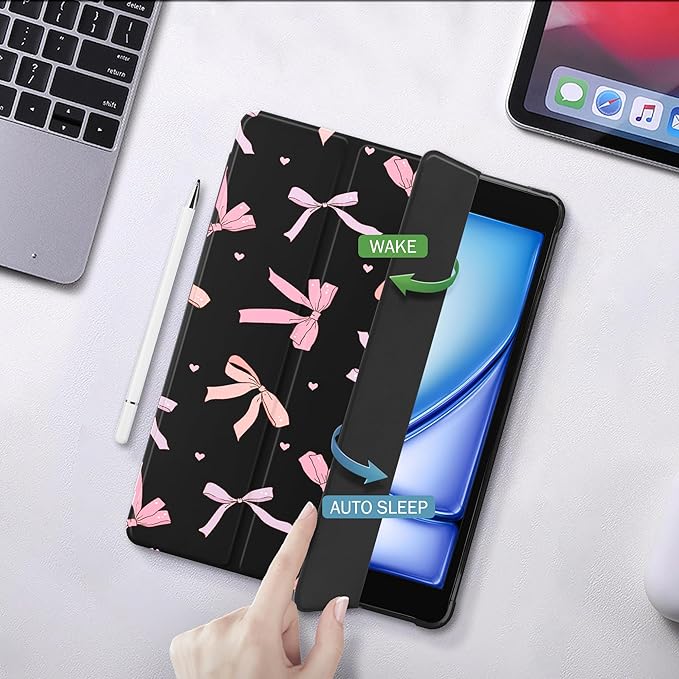 Idocolors Case for iPad 11 inch (A16 Chip) 2025 Generation 11th / iPad 10.9 inch 2022 10th Gen Built-in Pencil Holder with Soft TPU Shockproof Back Shell Auto Wake/Sleep Pink Bows-Black
