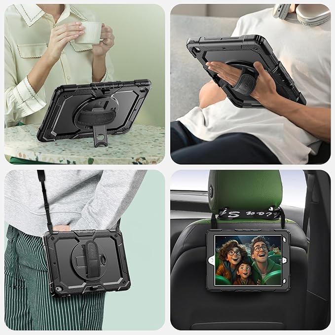 SEYMAC for iPad 9th/8th/7th Generation Case 10.2 2021-2019 Full-Body Shockproof Heavy Duty Protective Case with Screen Protector 360° Rotating Stand/Handle/Shoulder Strap for iPad 10.2 Black