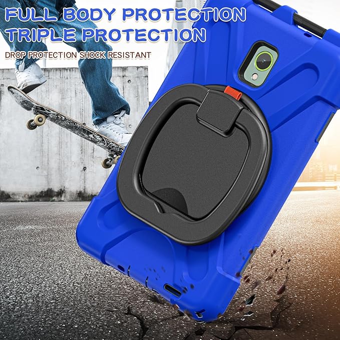 Rugged Case for Samsung Galaxy Tab Active5 5G (SM-X306B/X300) w/ 360° Rotating Hanging Ring Handle Grip Kickstand Heavy Duty Shock-Proof Armor Cover w/Shoulder Strap Stylus Holder (Blue)