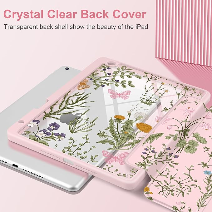 DONGKE for iPad 9th/8th/7th Generation Case 10.2 Inch (2021/2020/2019) [Auto Sleep/Wake &amp Pencil Holder] Clear Acrylic Back Trifold Stand Cover Wildflower &amp Butterfly