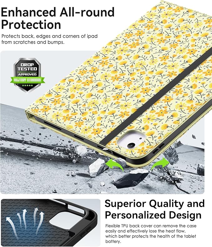 Case for iPad Air 11-inch M3/ M2 (2025/2024) iPad Air 5th/ 4th Generation 10.9'' (2022/2020) iPad Pro 11 (4th/3rd/2nd/1st Gen) Multi-Angle Stand Cover with Pencil Holder Yellow Flower