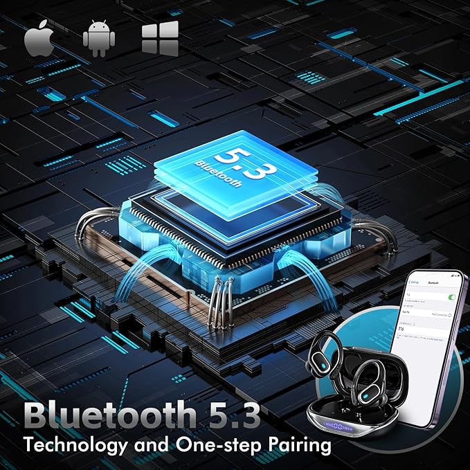 Wireless Earbuds Bluetooth 5.3 Headphones with 80H Playback IPX7 Waterproof Over Ear Buds with LED Power Display for Sports Running Workouts