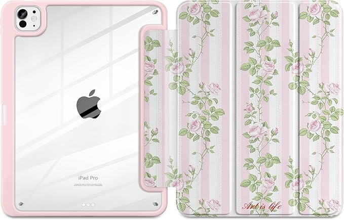 TWOLSKOO Case for iPad Pro 11-inch (M5 2025 / M4 2024) Clear Acrylic Back with TPU Bumper Pencil Holder Trifold Stand Auto Sleep/Wake Rose Vine