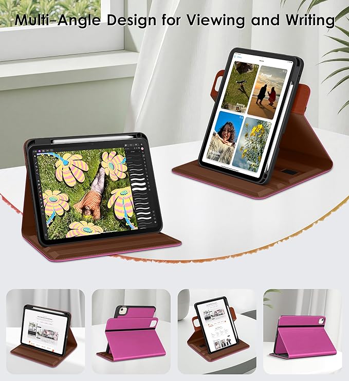 DTTO for iPad Air 11 inch Case M4 / M3 / M2 (2026/2025/2024) iPad Air 5th / 4th Gen (2022/2020) 360 Degree Rotating Premium Leather Folio Stand Cover with Pencil Holder Rose Red