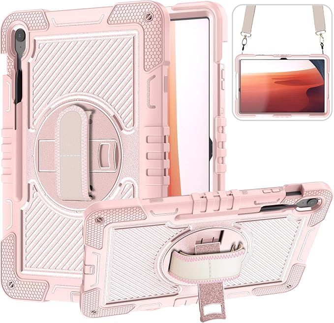 Tablet Case Compatible with Samsung Galaxy Tab S10 FE Plus 13.1 Inch 2025 Model (SM-X620/X626) CaseHeavy Duty Shockproof Rugged Protection Cover Stand &ampHand Strap+Shoulder Strap(Rose Gold)