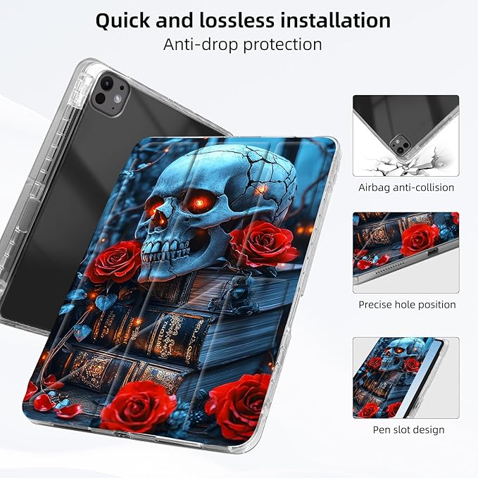 for iPad Pro 11 2024 Case with Pencil Holder Foldable Y-Shaped Protective Cover Stylish Clear Multi-Angle Viewing &amp Auto Sleep/Wake Skull Red Roses Books Tablet Case