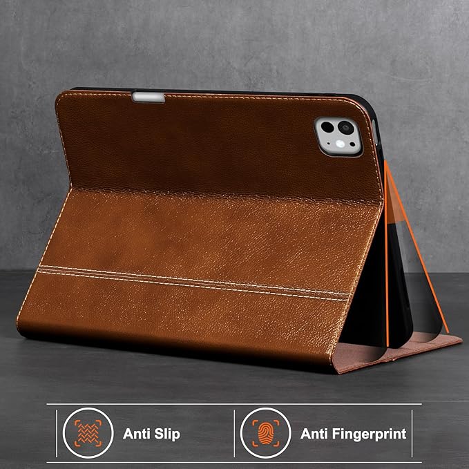 Gexmil Genuine Leather Case for iPad Pro 11 Inch (M5/M4) 2025/2024 with Pencil HolderProtective Shockproof Leather Smart Folio Cover Adjustable Stand Auto Sleep/Wake Anti-SlipYellow Brown
