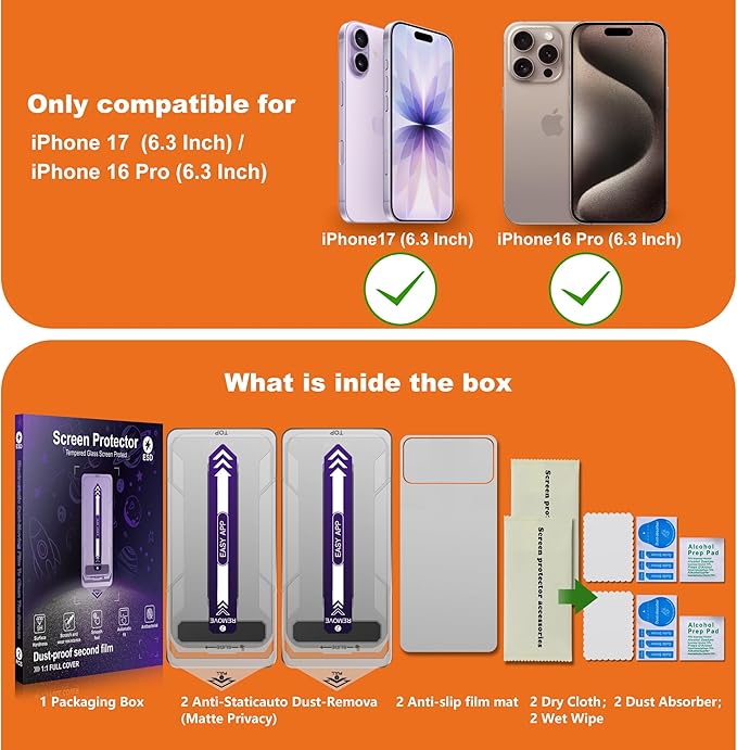 2-Pack Matte Privacy Screen Protector for iPhone 17 &amp 16 ProAnti-Glare &amp Anti-SpyAnti-FingerprintSmooth as SilkEasy Installation Military-Grade 9H Hardness