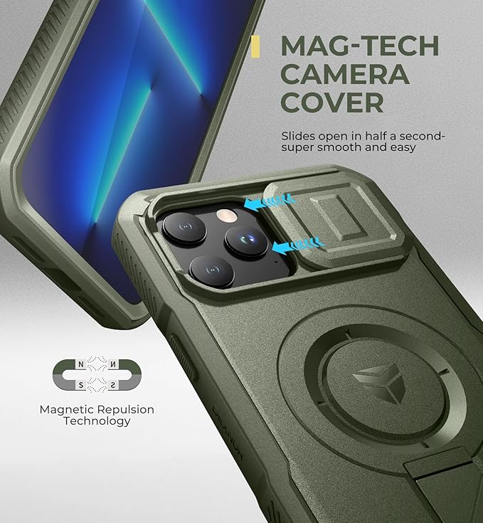 Dexnor for iPhone 13 Pro Max/12 Pro Max Case with Slide Camera Cover &amp Adjustable Kickstand &amp Built-in Screen Protector Magsafe Rugged Bumper Cases Heavy-Duty Magnetic Protective CoverArmy G