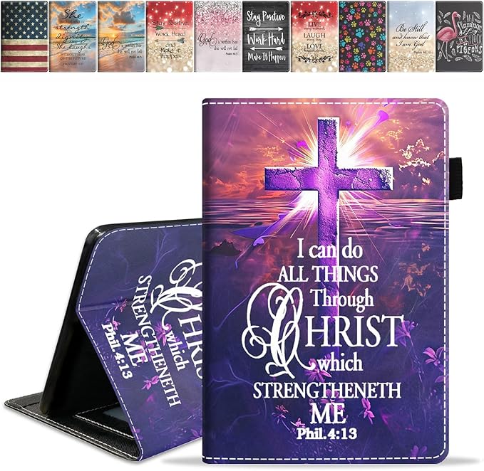 Case for Amazon Kindle Fire 7 Tablet (7 9th/7th Generation 2019/2017 Release) Slim PU Leather Cover with Card Slot &amp Auto Wake/Sleep Cross Quote Bible Verses Phil 4-13