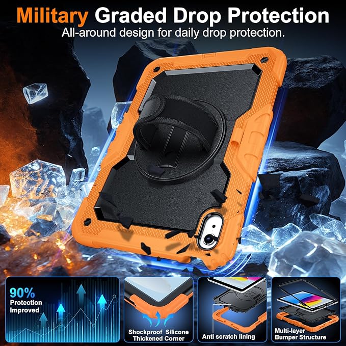 Case for iPad (A16) 11th Generation 11 Inch (2025) Ubearkk for iPad 10th Generation 10.9 inch 2022 case with Screen Protector 360 Degree Rotating Stand/Shoulder Strap/Pencil Holder Orange