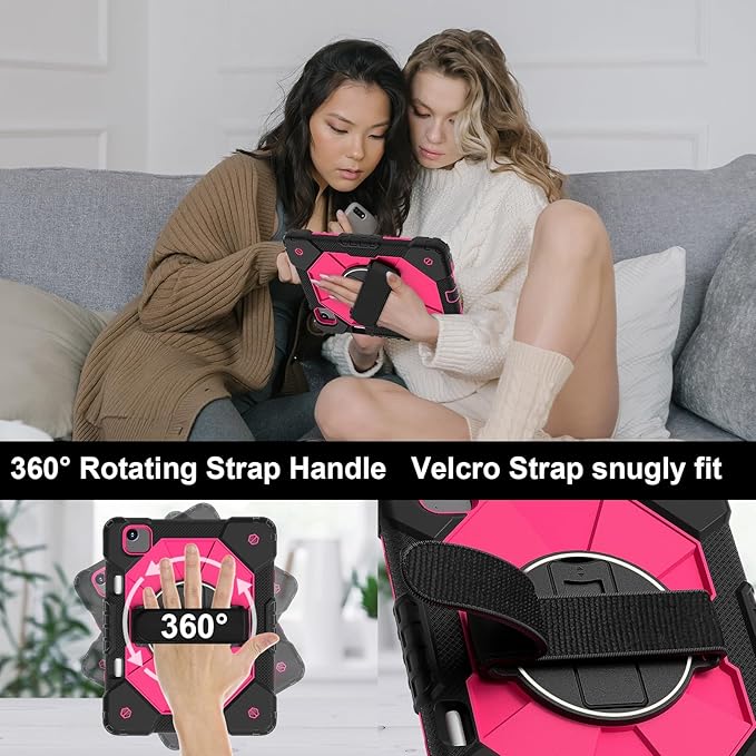 Tablet case for iPad Air 11 inch M2 2024 Tablet case for iPad Air 6th Generation(A2902 A2903 A2904) Hand Strap Shockproof Protective with 360° Rotate Kickstand Shoulder Black/Rose Red