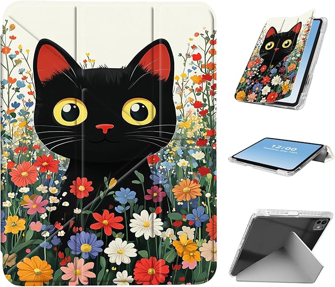 for iPad Pro 11 2024 Case with Pencil Holder Foldable Y-Shaped Protective Cover Stylish Clear Multi-Angle Viewing &amp Auto Sleep/Wake Black Cat Wildflower Field Tablet Case