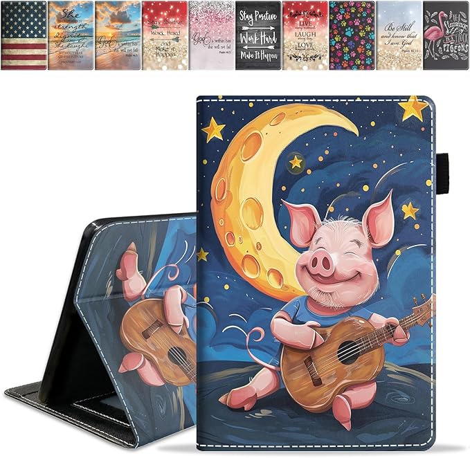 Case for Amazon Kindle Fire 7 Tablet (7 9th/7th Generation 2019/2017 Release) Slim PU Leather Cover with Card Slot &amp Auto Wake/Sleep Watercolor Art Pig Playing Guitar