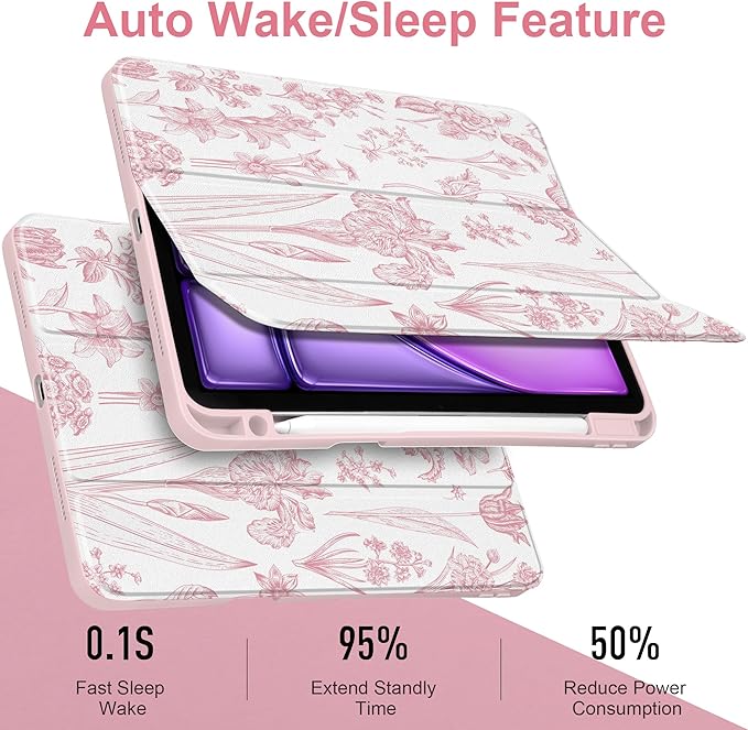 DONGKE Case for iPad Air 11-inch M4 2026 &amp M3 2025 &amp M2 2024 iPad Air 5th/4th Generation 10.9 2022/2020 [Built-in Pencil Holder] Clear Acrylic Back Trifold Stand Smart Cover Pink Florals
