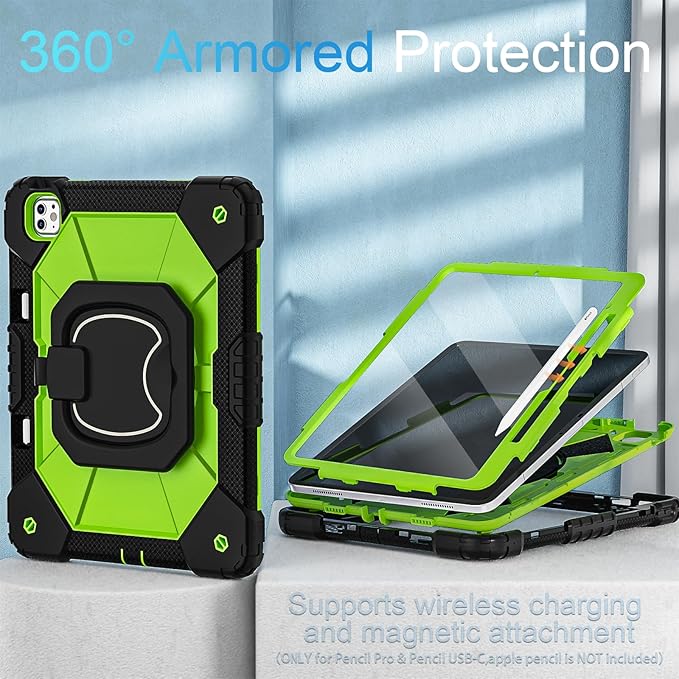 WESOROL for iPad Pro 13 Inch Case M5 2025/M4 2024 (7th Generation) with Screen Protector/360° Rotating Stand/Pencil HolderMilitary Grade Shockproof iPad Case 13 Inch iPad Pro M5/M4Black Green