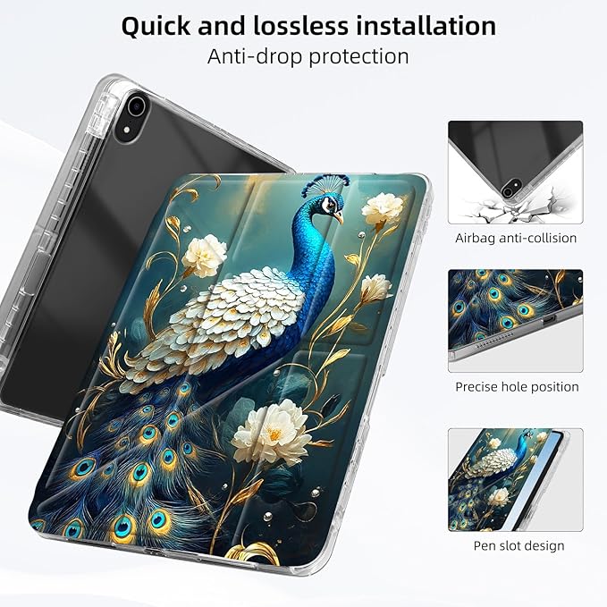 for iPad mini 7 A17 Pro 2024/iPad Mini 6 2021 Case with Pencil HolderFoldable Y-Shaped CoverStylish Clear Multi-Angle Viewing&ampAuto Sleep/Wake Peacock with Golden Vines Tablet Case