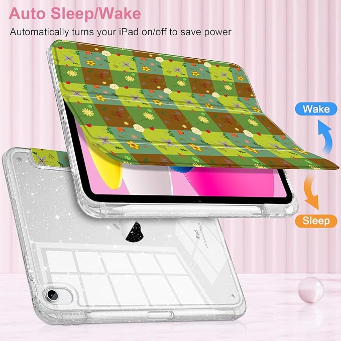 MEEgoodo Case for iPad A16 11th Generation 2025/10th Generation 2022 Glitter Tablet Cases with Transparent Acrylic Back+Trifold Stand +Pencil Holder+Auto Wake/SleepGreen Checkered &amp Nature Patte