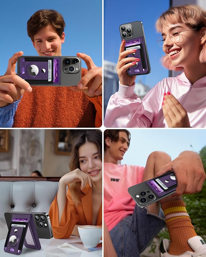 for Magsafe Wallet Stand with Airtag Holder Strongest Magnetic Wallet for iPhone 17/16/15/14/13/12 Series ID Window 4 Card Slots 10 Cards Holder Vegan Leather RFID Blocking Purple