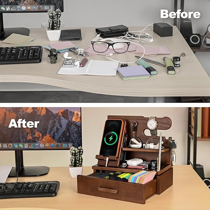 TESLYAR Wood Phone Docking Station with Drawer - Nightstand Organizer - Desk Organizer for Husband - Birthday Gifts for Men Dad Anniversary Idea Key Holder Stand Watch &amp Accessories (Antique Br
