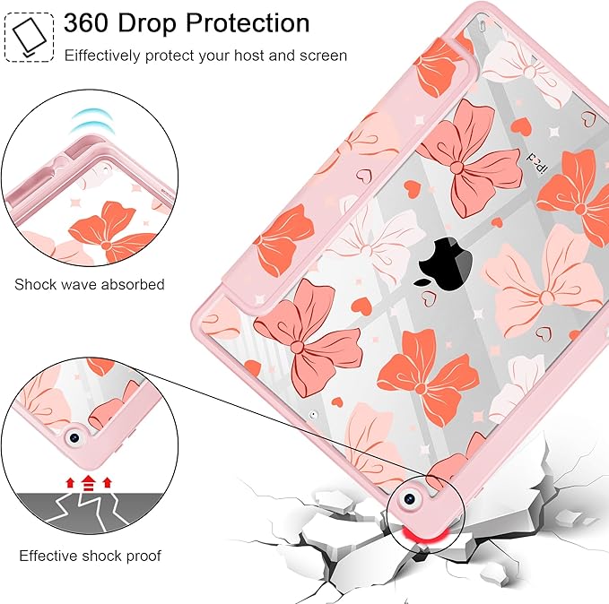 for iPad 9th Generation with Pencil Holder iPad 8th/7th Gen Case 10.2-inch [Built in Pencil Holder] Trifold Stand Auto Wake/Sleep Clear TPU Protection Back Cover Bows SD146