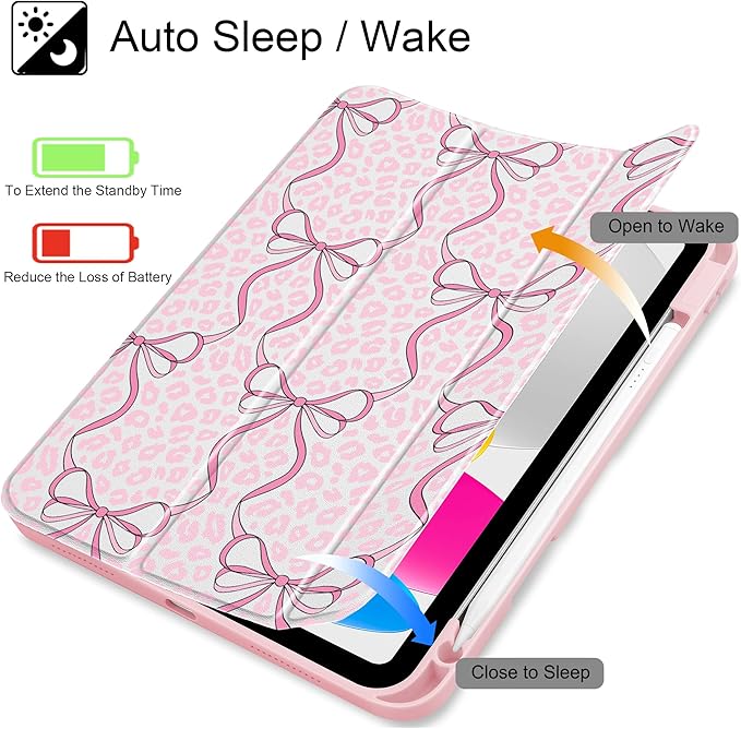 Case for iPad 11 inch A16 2025 Generation 11th / iPad 10.9 inch 2022 10th Gen Buit in Pencil Holder with Shockproof Cover Clear Transparent Back Shell Auto Wake/Sleep Bows &amp Leopard