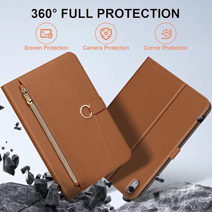 Leather Case for iPad Air 11 M2/M3/M4 (2024-2026) &amp 10.9 4th/5th Gen (2020/2022) with Pocket &amp Buckle Auto Wake/Sleep Shockproof Adjustable StandBrown