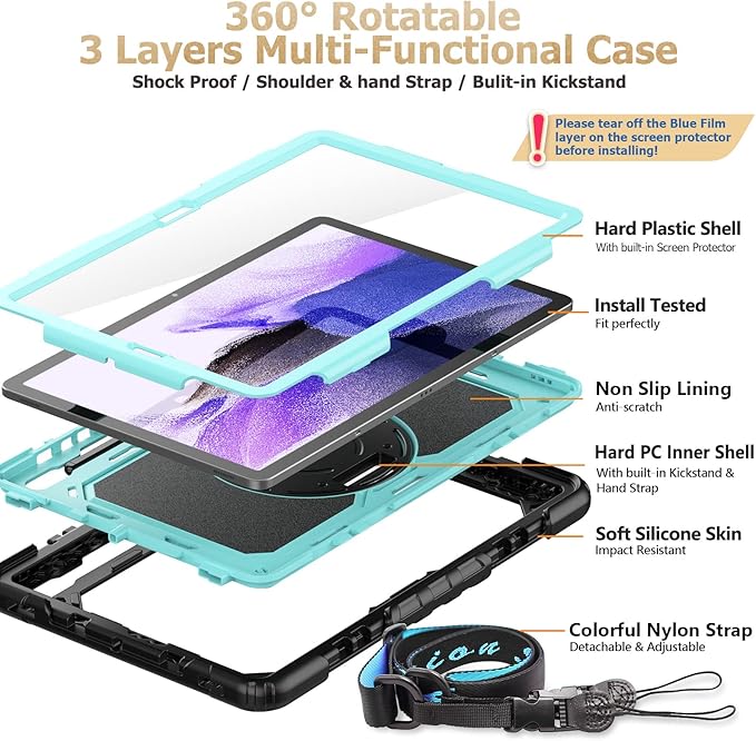 SEYMAC stock Case for Samsung Galaxy Tab S7 FE / S8 Plus 5G Case 12.4'' with Screen Protector Pencil Holder [360 Rotating Hand Strap] &ampStand Drop-Proof SkyBlue/Black