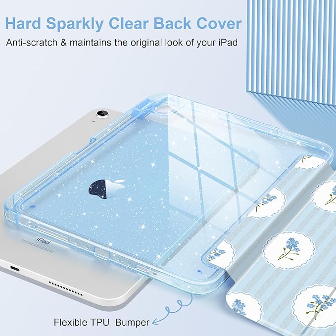 MEEgoodo Case for iPad A16 11th Generation 2025/10th Generation 2022 Glitter Tablet Cases with Transparent Acrylic Back+Trifold Stand +Pencil Holder+Auto Wake/SleepCoquette Trellis Floral