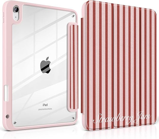 Case for iPad (A16) 11th Generation 11 inch 2025 /iPad 10th Gen 10.9 2022 -Premium Shimmering Silk Texture Trifold Cover with Clear Back Luxury Coquette Aesthetic Protective Skin Red Striped