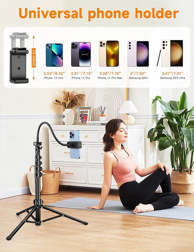 Phone Tripod Stand 84 Tall Flexible Cellphone Tripod for iPhone with Gooseneck Remote Portable Phone Stand for Recording Compatible with iPhone 14 13 12 pro Android Camera