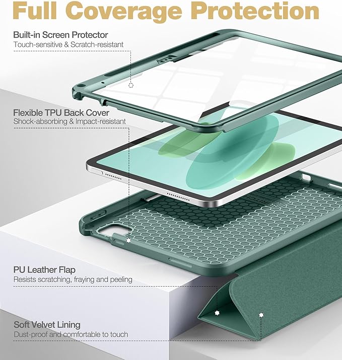 SURITCH Case for iPad (A16) 11th Generation 11 Inch 2025/iPad 10th Generation 10.9 Inch 2022 with Screen Protector Pencil Holder Tri-fold Stand Auto Wake/Sleep Shockproof ProtectionGreen