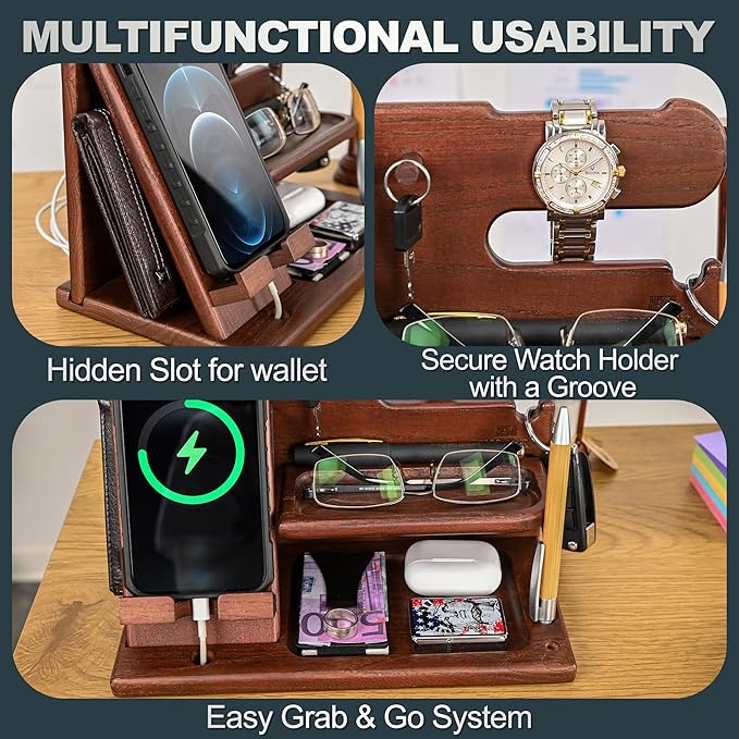 TESLYAR Wood Phone Docking Station for Men - Desk or Nightstand Organizer - Birthday Gifts for Husband or Dad - Anniversary Idea from Wife - Key Holder - Stand Wallet Watch &amp Essentials (Chestnut
