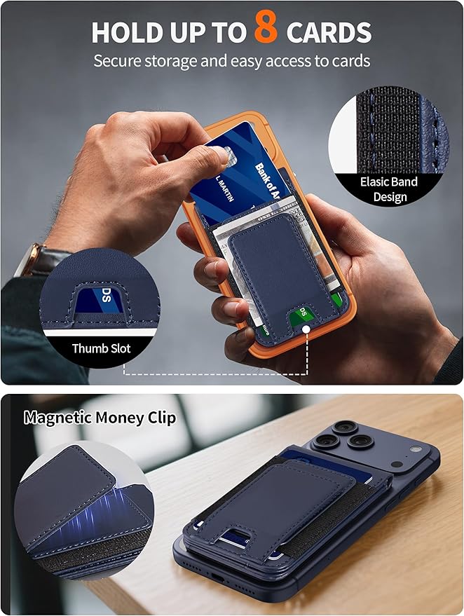 TopMade for MagSafe Wallet with Money Clip Strongest Magnetic Card Holder for iPhone 17/16/15/14/13/12 Series for iPhone Wallet with Adjustable Stand ID Window RFID Blocking Navy Blue