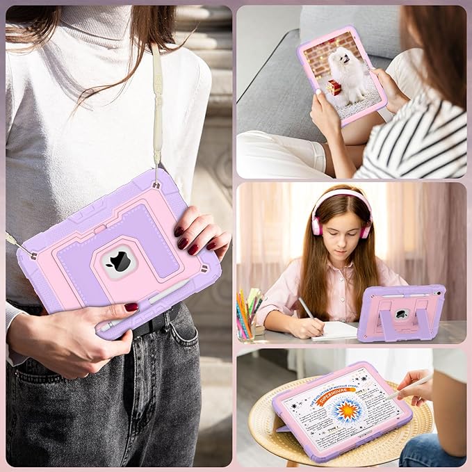 WESOROL Case for iPad A16 11th/10th Generation 2025/2022 with Pencil Holder Shoulder Strap iPad Case 10th Generation Shockproof Cover for iPad 11th/10th Gen CasesPurple Rose