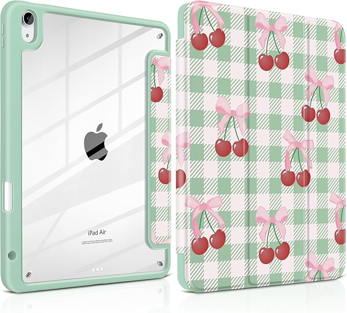 DONGKE Case for iPad Air 11-inch M4 2026 &amp M3 2025 &amp M2 2024 iPad Air 5th/4th Generation 10.9 2022/2020 [Built-in Pencil Holder] Clear Acrylic Back Trifold Stand Smart Cover Green Cherry