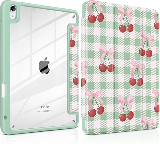 DONGKE Case for iPad Air 11-inch M4 2026 &amp M3 2025 &amp M2 2024 iPad Air 5th/4th Generation 10.9 2022/2020 [Built-in Pencil Holder] Clear Acrylic Back Trifold Stand Smart Cover Green Cherry