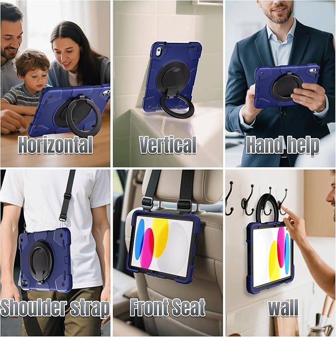 Case for iPad (A16) 11th /10th Generation 11/10.9 Inch 2025/2022 with Screen Protector/360° Rotate Stand/Shoulder Strap/Pencil Holder Shockproof iPad 11th/10th Gen Cover (Navy+Black)