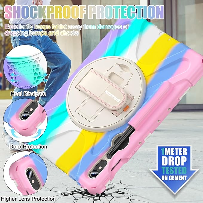 BRAECNstock Kids Case for Samsung Galaxy Tab S10 Lite/ S10 FE/ S9 FE/ S9/ S8/ S7 5G 10.9/ 11 Shockproof Protective Case with Pen Holder Rotating Hand Strap &amp Stand Shoulder Strap Colorful Pi
