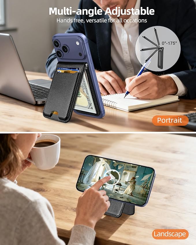 For Magsafe Wallet with Money Clip Strongest Magnetic Wallet for iPhone 17/16/15/14/13/12 Series Adjustable Stand ID Window 5 Card Holder Vegan Leather Not for 13/12 Mini Black Carbon Fiber