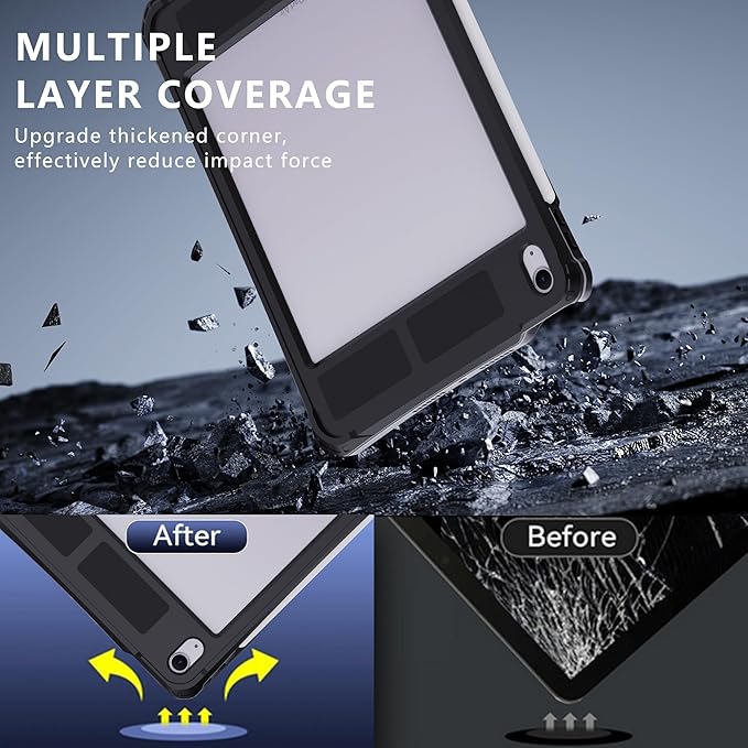 MRUOZRUI Waterproof Tablet Case for iPad Air 11inch 6th M2 2024/ 7th M3 2025 8th M4 2026 5/4 10.9inch Built-in Screen Protector Pencil Holder Fit with Magic Keyboard Strap Kickstand Black &amp G