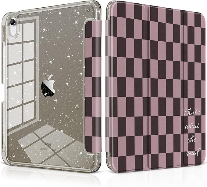 DONGKE for iPad Pro 11 inch Case – Fits M5 2025 / M4 2024 Shockproof Sparkling Glitter Acrylic Back Pencil Holder Trifold Stand Auto Sleep/Wake &amp Touch ID Support - Brown Gingham