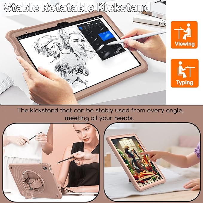 Case for iPad A16 11-inch (2025) &amp iPad 10th Gen 10.9-inch (2022) HD Screen Protector Strong Military-Grade Full-Body Shockproof Protection 360° Rotating Handle Strap &amp Shoulder StrapLatte