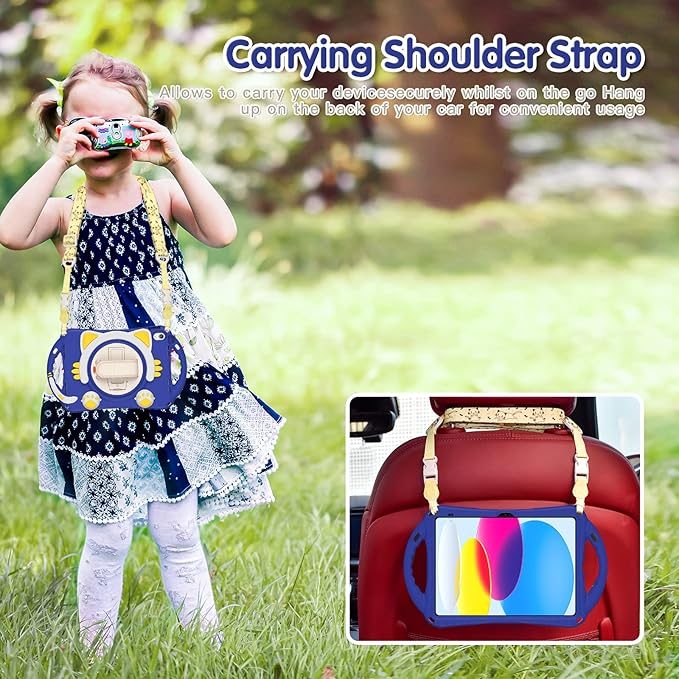 iPad 11 inch 11th Generation Case for Kids Dteck Heavy Duty Rugged Protection Kid-Friendly Handle Stand Shoulder Strap Cute Cat Case for Apple iPad 10th Generation 10.9 inch 2022 Darkblue