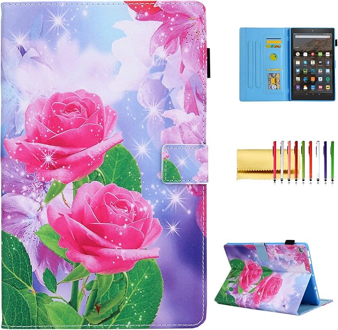 Folio Case for Amazon Fire HD 10 Tablet (5th/7th/9th Generation) Slim Fit Stand Magnetic Soft TPU Back Smart Cover for All-New Fire HD 10 2015/2017/2019 Sleep Mode Rose Blossom
