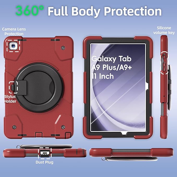 Case for Samsung Galaxy Tab A9+/A9 Plus Case 11 Inch with Screen Protector/360° Rotating Stand/Pen Holder/Shoulder Strap Shockproof Cover for Tablet A9+ 5g (Red+Black)